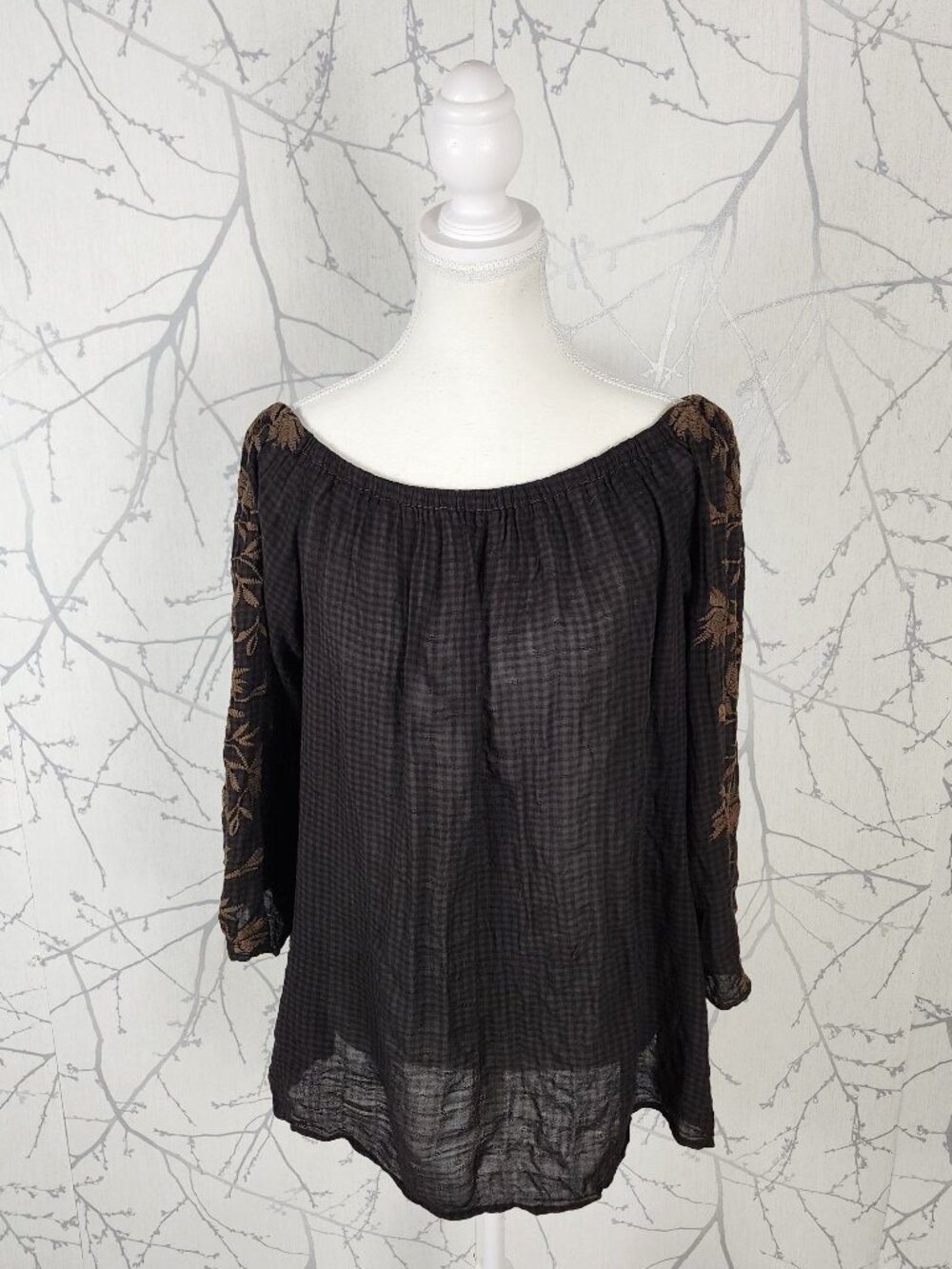 XCVI Black Gingham Floral Embroidered Off Shoulder Peasant Blouse
